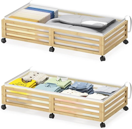 Under Bed Storage with Wheels-Large Bamboo Underbed storage Containers with Large Dust Bag Stackable Under the Bed Shoe Storage Bins for Clothes Books Bedding (2 Packs Nature, 33.07"L×16.54"W× 6.5"H)