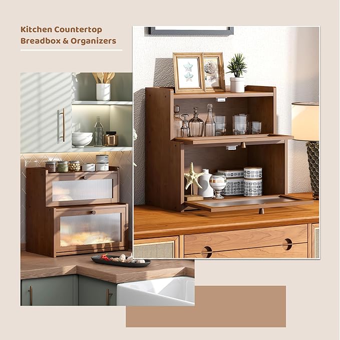 FILWH Bread Box for Kitchen Countertop Double Layer Large Corner Bread Box Capacity Bread Storage Bin Farmhouse Breadbox Container Organizer Cabinet Cupboard (Brown)