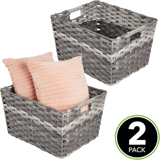 mDesign Wide Rectangular Woven Braided Rope Home Storage Baskets with Handles - for Organizing Closet, Bedroom, Bathroom, Living Room, Entryway, Office - 8.25" High, 2 Pack - Gray