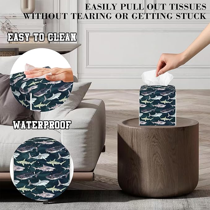 Tissue Box Holder Watercolor Shark Square Leather Tissue Box Cover Modern Cube Facial Paper Cover Case for Bathroom Vanity Countertop Night Stands Tabletop