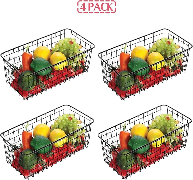 4 Pack Wire Storage Baskets Household Metal Wall-Mounted Containers Organizer Bins for Kitchen Bathroom Freezer Pantry Closet Laundry Room Cabinets Garage Shelf, Large
