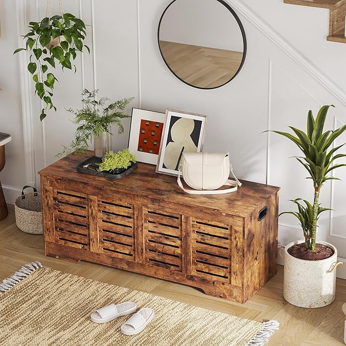 DINZI LVJ Storage Chest, 47.3â Wooden Toy Box with 2 Safety Hinges, Retro Entryway Shoe Storage Bench with Flip-Top, Sturdy Large Storage Trunk for Living Room, Bedroom, Easy Assembly, Rustic Brown