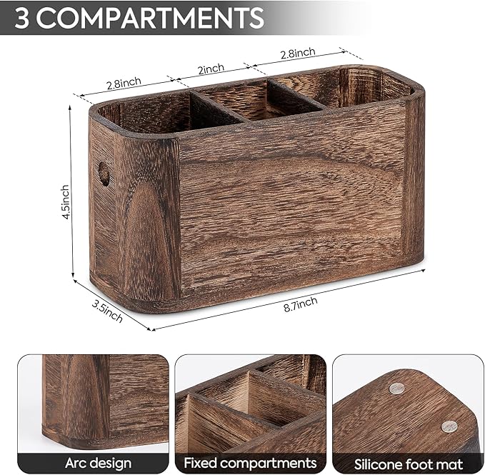 Wooden Silverware Holder for Countertop, Kitchen Utensil Caddy with 3 Compartments, Cutlery Storage Organizer Countertop, Flatware Organizer for Party, Spoon, Fork Holder