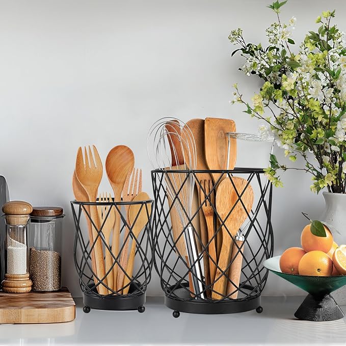 MACEVIA Utensil Holder for Kitchen Counter, Black Metal Organizer with Diatomaceous Earth Base, 7.5" + 5.4", Countertop Storage for Spoons,Spatulas and Cooking Utensils,Set of 2