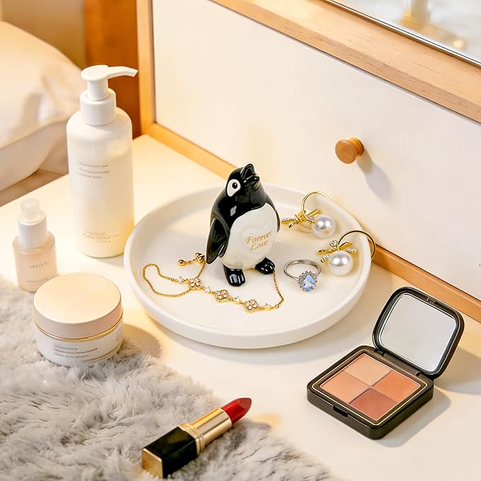 PUDDING CABIN Penguin Gifts for Women Ring Holder Dish Forever Love Jewelry Holder for Rings, Earrings, Necklaces - Engagement Anniversary Birthday Mothers Day Gift for Mom, Wife, Girlfriend