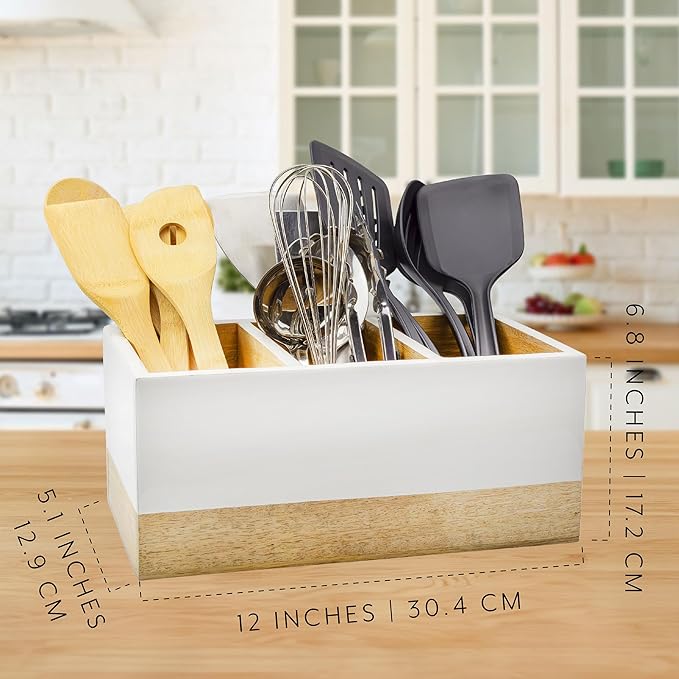 AuldHome Design Wood/Enamel Utensil Holder, Mango Wood 3-Compartment Farmhouse Cooking Caddy or Spoons/Forks/Knives Storage