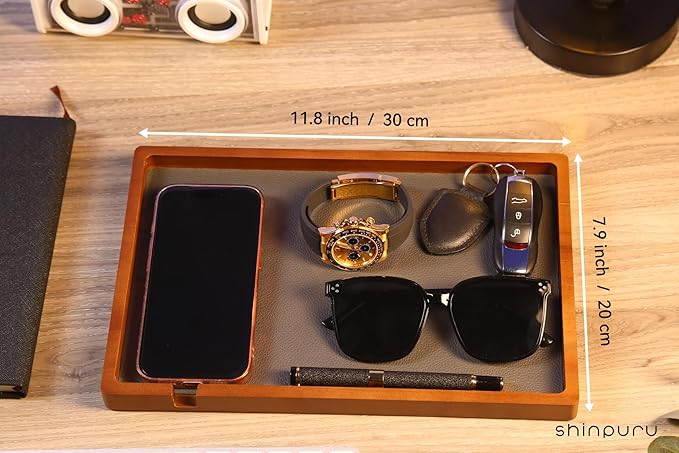 Shinpuru Wooden Valet Tray with Leather Inlay - Nightstand & Desk Organizer - EDC Essentials Catchall Tray for Keys, Phone, Wallet, Watch, Earbuds - Stylish Storage (Wood-Full)