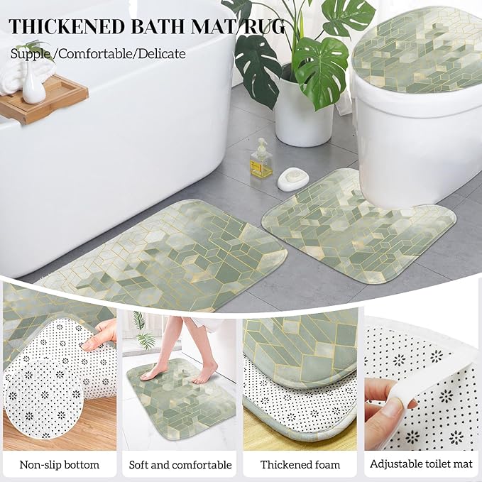 Lnond Sriral Green Bathroom Set, Green Abstract Cubes Bathroom Accessories Sets Complete, Luxury Restroom Set with Shower Curtain and Rugs, Trash Can, Toilet Brush Holder Set & Soap Dispenser