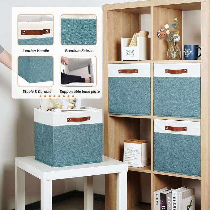 HNZIGE 13x13x13 Storage Cube Bins,4 PCS Fabric Storage Cube Bins for Organizing, Foldable Cube Storage Bins with Handles, Closet Storage Bins for Organizer Home, Office(White&Dark Green)