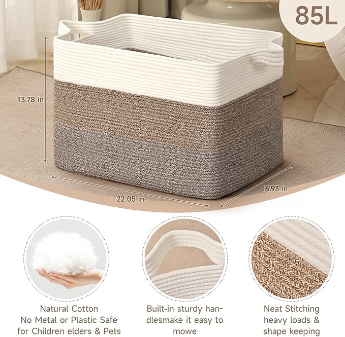 CLHMILY&Z Stylish Square Cotton Rope Storage Basket (Brown & White, 85L)