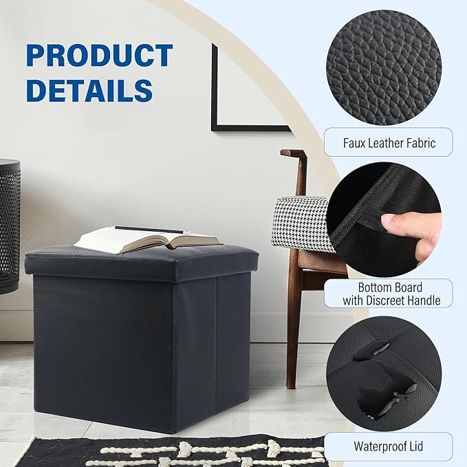 LotFancy Storage Ottoman, 2 Pack, Foldable Foot Rest Stool, 13x12x12 Inches Small Leather Bench with Storage, Holds up to 260 lb, for Living Room, Bedroom, Dorm, Black