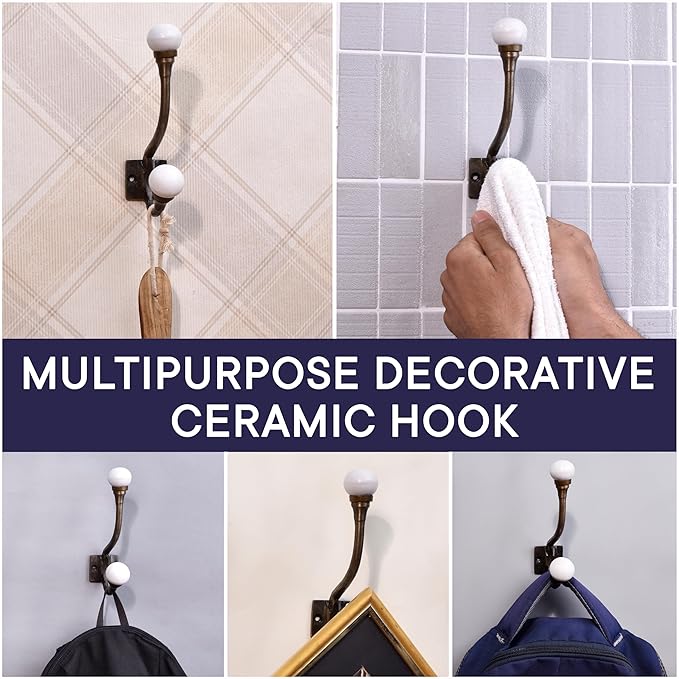 Indian Shelf Pack of 12 Heavy Duty Double Prong White Decorative Coat Hooks Unique Coat Rack Wall Mount Ceramic Wall Hooks for Hanging Towel Holder Backpack Purse Hanger- Style 8