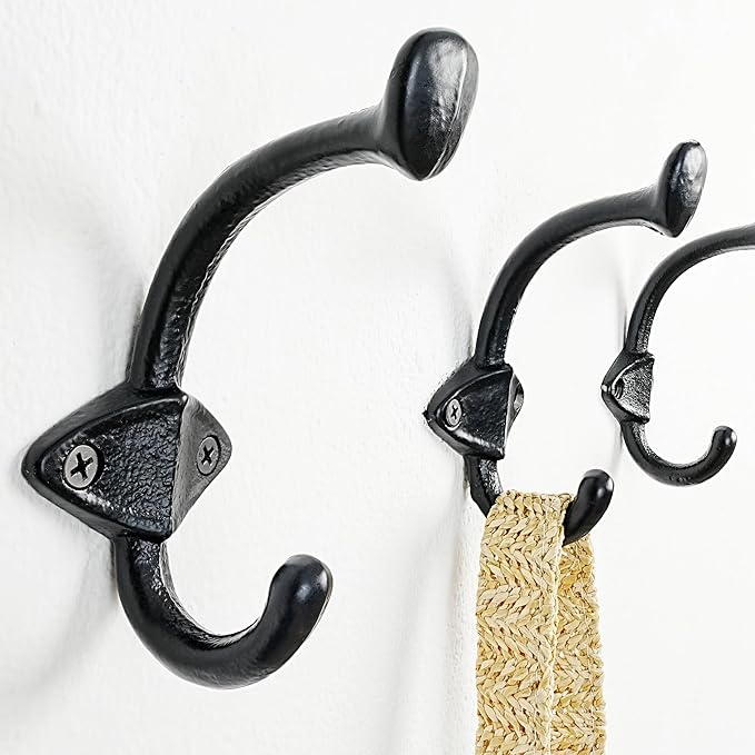 Dseap Cast Iron Wall Hooks L=5”, Heavy Duty Coat Hooks, Rustic Vintage Farmhouse Hook for Hanging Winter Coats Jackets Towels Hats Bags Plants, Antique Black, Pack of 10 (ShieldBold)