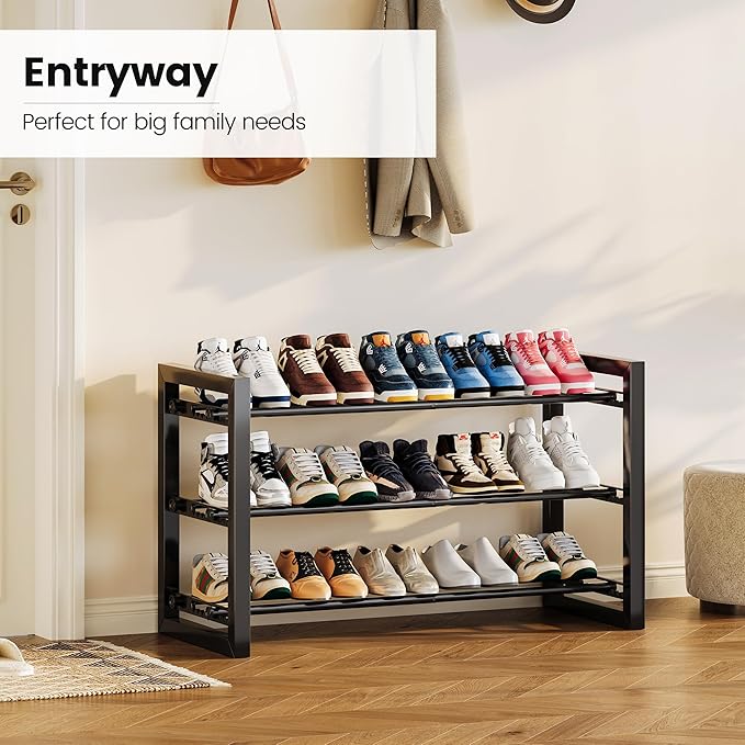 Homeiju Expandable Shoe Rack, 3 Tier Metal Shoe Shelf, Adjustable Shoe Stand for Sneakers, Boots, Heels, Heavy-Duty Steel Standing Shoe Organizer for Entryway, Closet, Bedroom, Black