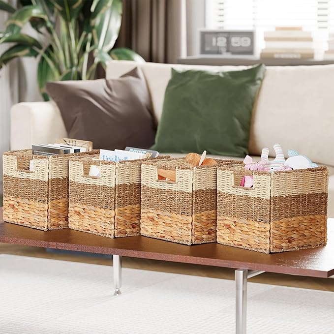 SpaceAid 4 Pack 3 Pattern Design Wicker Basket, Baskets for Organizing, Storage Rattan Basket with Handles for Shelves, Woven Cube Storage Bin Organizer, 10.5x10.5x10.5 inch, Natural