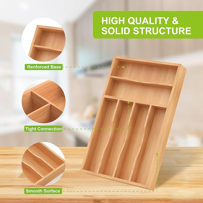 Bamboo Utensil Drawer Organizer with flexible dividers, Kitchen Organizer for Flatware Cutlery, Silverware Tray for Drawer (Natural, 10 x 16 Inch (6 Slots))