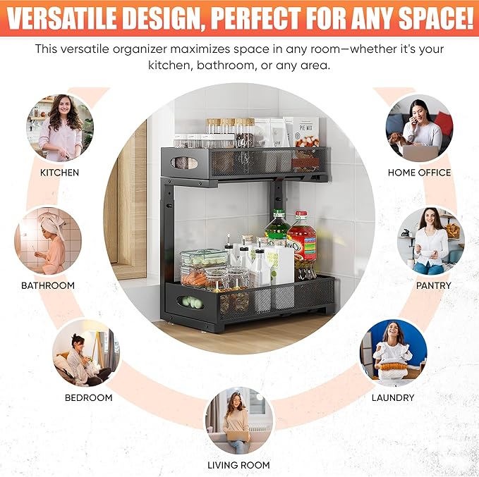 1Pack Under Sink Organizer 2 Tier Kitchen Spice racks and Storage – Pull Out Cabinet Organizer for Cleaning Products, Pantry Organization (Black)