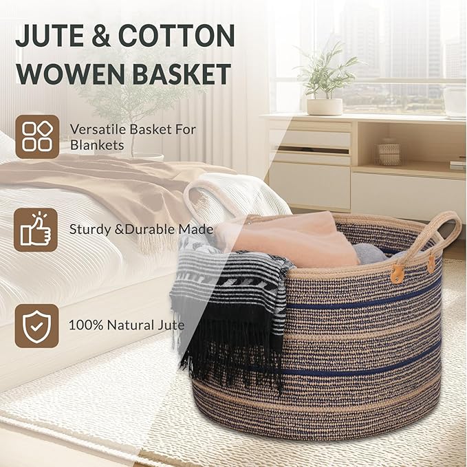 Sapphire Blue Large Blanket Basket, 22"x22"x14" | Jute Blanket Basket Living Room, Laundry, Nursery | Toy Basket for Blankets, Toys, Hand Woven Crafted (Brown&Blue)