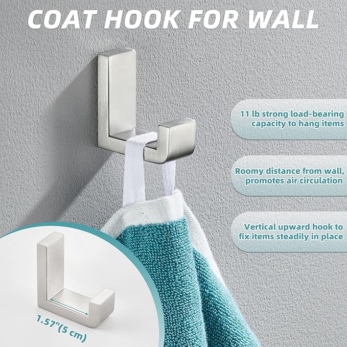 APLusee Brushed Nickel Towel Hook for Bathroom, 304 Stainless Steel Heavy Duty Bathroom Wall Hook, Wall Mounted