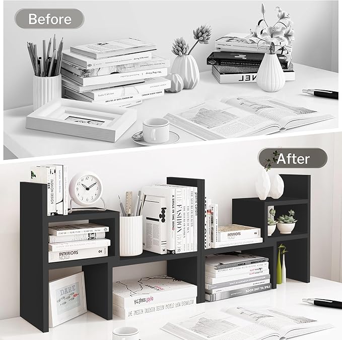 Jerry & Maggie Desktop Organizer Office Storage Rack Adjustable Wood Display Shelf Birthday Gifts Toy Home Decor Free Style Rotation Display True Natural Stand Shelf (Black/2 Pack)