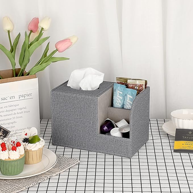 Sumnacon Square Linen Tissue Box Cover - Decorative Cube Tissue Box Holder with Side Organizer, Modern Tissue Box for Living Room Vanity Night Stand Table Countertop Office, Grey