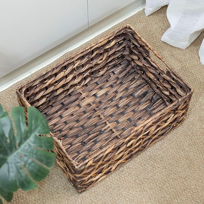 Rectangular Wicker Storage Basket with Iron Structure & Wood Accents, 15.75Ã11.42Ã7.09 Inches, Perfect for Home Organization