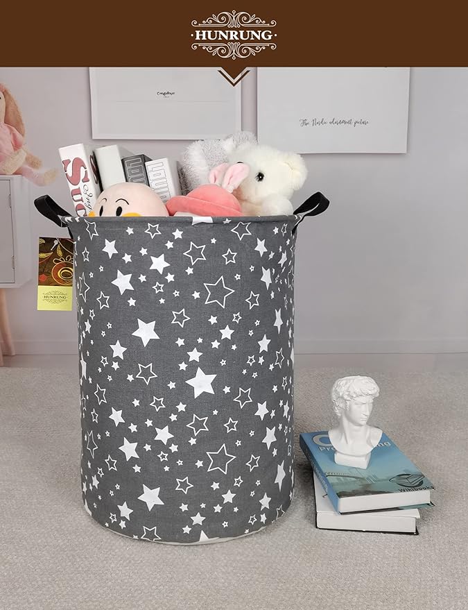 HUNRUNG Laundry Hamper,Large Canvas Fabric Lightweight Storage Basket Toy Organizer Dirty Clothes Collapsible Waterproof for College Dorms, Children Bedroom,Bathroomï¼Round starï¼