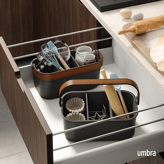 Umbra Bellwood Stackable Bin, 11" x 7" Durable Lightweight Container with Wooden Handle and Removable Dividers, Black/Walnut
