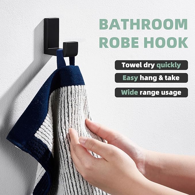 APLusee Robe Towel Hook, SUS 304 Stainless Steel Modern L Shape Practical Coat Hook, Utility Shower Towel Hanger for Bathroom Kitchen Home Storage (Matte Black)