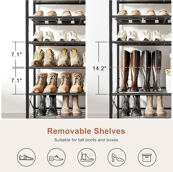 8-Tier Tall Shoe Rack Organizer Shoe Storage for Entryway 24-32 Pairs Metal Shoe Rack for Closet Heavy-Duty Shoe Rack with Wooden Top Shelf for Garage Black