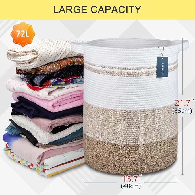 COMSE Extra Large Blanket Basket, Tall Laundry Basket, Nursery Hamper, 15.7âx 21.7â, Cotton Rope Woven Laundry Hamper for Storage Toys Clothes Towels, Gradient Brown