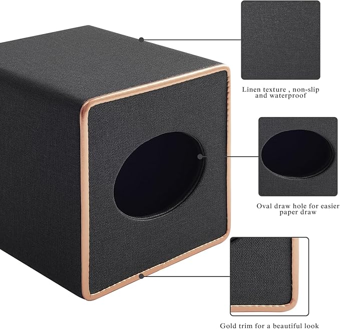 Linen Square Tissue Box Cover,Cube Tissue Box Holderï¼Excellent Rosegold Leather Decoration,Table Napkin Case Dispenser,Facial Tissues Organizer with Magnetic Bottom for Home Office Car(Black)