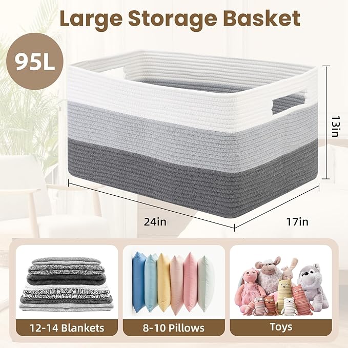 95L Large Blanket Basket, Woven Storage Baskets with Reinforced Handles, Rope Laundry Basket for Living Room, Bedroom, Nursery, Toys, Clothes, Pillows, 24â x 17â x 13.5â, White & Grey