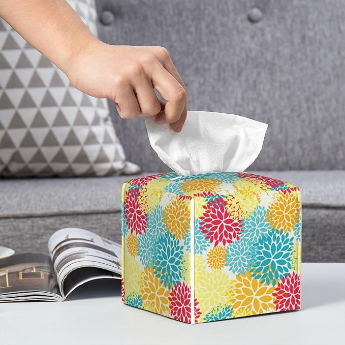 Chrysanthemum Flower Tissue Box Cover Leather Tissue Box Holder Square Facial Paper Organizer Dispenser for Bathroom Kitchen Bedroom Vanity Countertop Night Stands