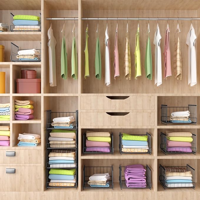 4-Tier Stackable Closet Organizers and Storage Shelves,Foldable Closet Shelf Organizer System, Space-Saving Clothes Storage Drawer Organizer for Wardrobe