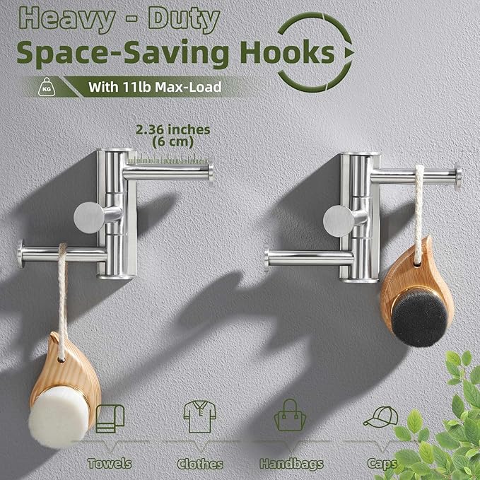 APLusee Swivel Towel Hook Brushed Nickel, 304 Stainless Steel 3 Arms Foldable Bathroom Robe Towel Hook, Shower Coat Hanger, Wall Kitchen Holder, 2 Pack