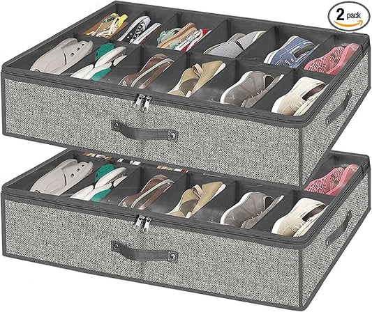 homyfort Under Bed Shoe Storage Organizer for Closet Fits 24 Pairs-Sturdy Underbed Shoe Containers Boxes Organizador De Zapatos with Clear Cover,Set of 2, 29.3 x 23.6 x 5.9inch (Linen-like Grey)