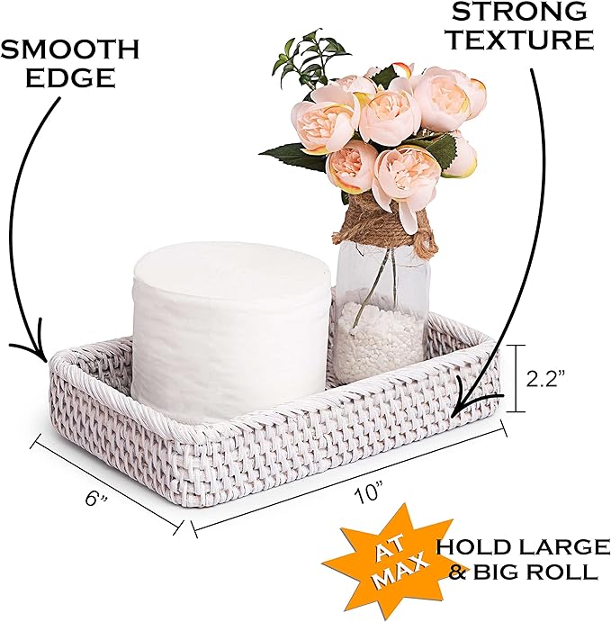 Farmhouse Toilet Paper Holder 10 x 6 x 2 in White Serving Tray Decorative Toilet Paper Basket Storage Bathroom Sink Vanity Trays Shallow Storage Bins Vanity Tray Rattan Guest Towel Napkin (White Wash)
