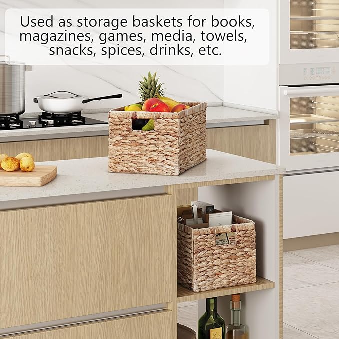 Vagusicc Wicker Basket, Baskets for Organizing, Storage Basket with Handles, Water Hyacinth Storage Baskets for Shelves, Bathroom, Pantry Organizers, Large Wicker Baskets (15x10x8.5 inch, 2 Pack)