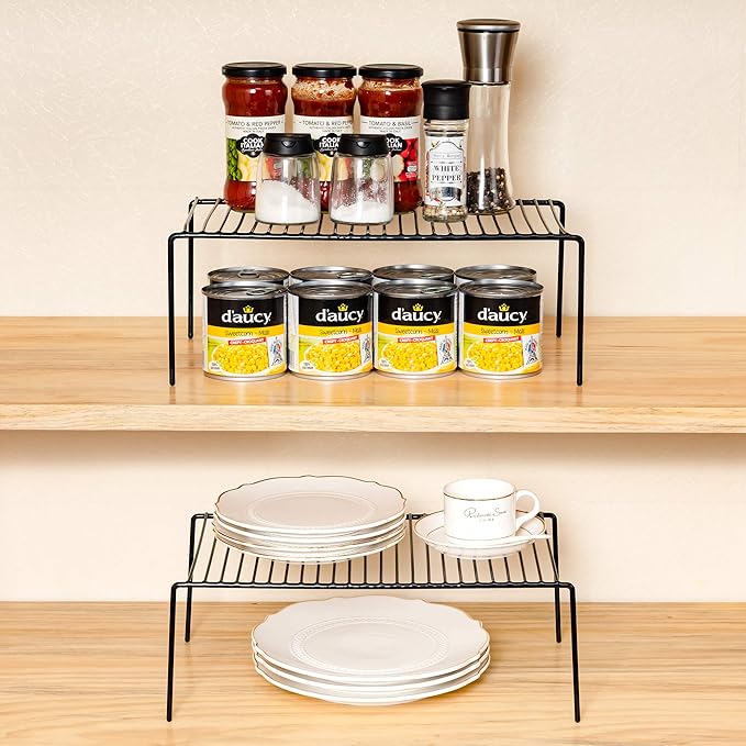 Redrubbit 4 Pack Large (15.7 x 9. 4 Inch) Cabinet Storage Shelf Rack, Rustproof Kitchen Counter and Cabinet Shelf, Storage Rack Organizer for Kitchen, Fridge, Cabinet, Bathroom, Black