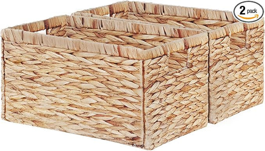 Vagusicc Wicker Storage Basket, Set of 2 Hand-Woven Water Hyacinth Storage Baskets for Organizing, 17 inch Large Wicker Basket for Shelves, Foldable Cube Organizer Bins for Bathroom