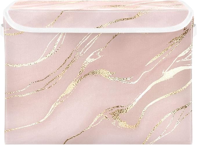 senya Storage Baskets Collapsible Storage Bins with Lids, Rose Gold Pink Marble Boxes Clothes Baskets for Organizing