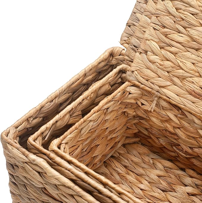 3 Pack Wicker Storage Basket with Lid, Water Hyacinth Baskets, Woven Basket for Shlef, Decorative Storage Boxes for Organizing