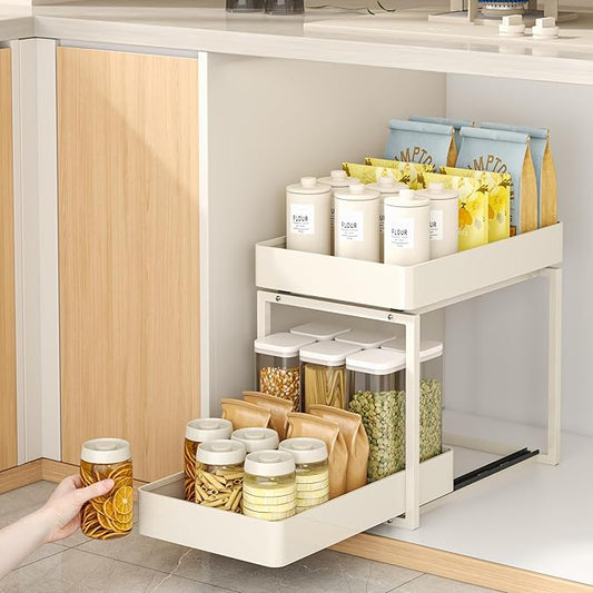 Pull Out Cabinet Organizer 1 pack 2 Tier Kitchen Under Sink Organizers and Storage for Clear Bathroom MultiPurpose Cabinet Organizer for Vanity Counter Cupboard Closet (1Set White)