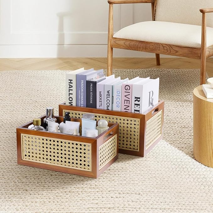 Rattan Storage Basket Set of 2 Handmade Natural Bamboo Woven Storage Bin for Organizing Decorative Wicker Box for Rustic Farmhouse Decor Home Office Tabletop Shelf Organizer