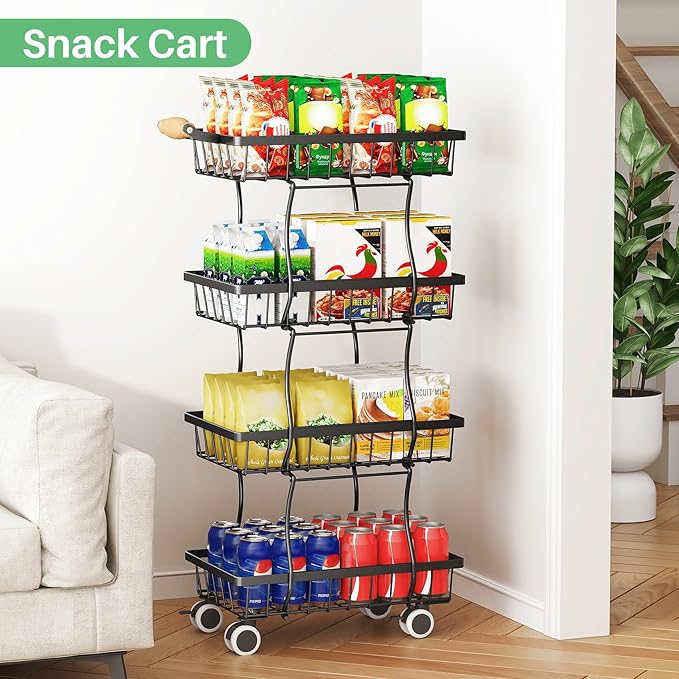 SAYZH Fruit Basket Kitchen Pantry Organizers and Storage - 4 Tier Stackable Metal Wire Basket Stand for Fruit Vegetable Snacks Jars Bins Containers Organization, Black