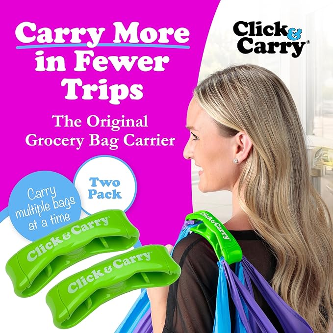 Click & Carry Grocery Bag Carrier Handle - Carry More in Fewer Trips, 100lb Capacity, Hands-Free, Gel-Padded Ergonomic Design, Shopping & Grocery Bag Holder - As Seen On Shark Tank, Green, 2 Pack