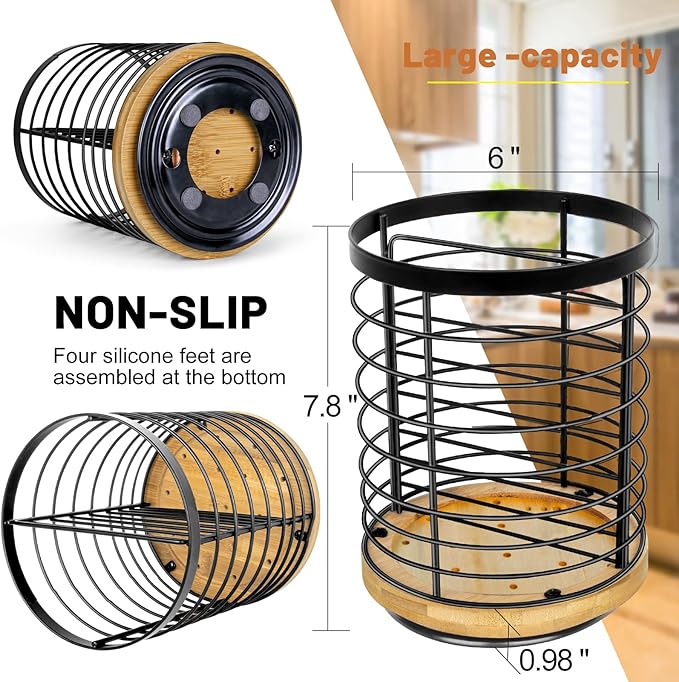 Utensil Holder for Kitchen Counter - 7.2" Large Rotating Utensil Crock, Wooden + Metal Base, Countertop Cooking Tool Spatula Organizer