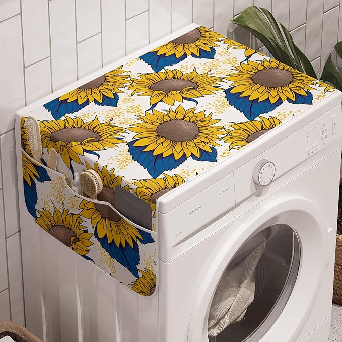 Ambesonne Sunflower Washing Machine Organizer Pack of 2, Graphic Harvest Themed Illustration Cartoon Design, Anti-Slip Cover for Washers Dryers, 47" x 18.5", Yellow Blue
