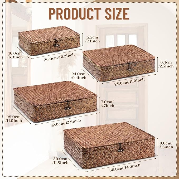 Set of 4 Seagrass Basket with Lid Wicker Storage Basket Decorative Storage Boxes with Lids Flat Storage Bins Woven Organizer Baskets for Shelf Closet Bedroom, 4 Sizes (Dark Brown)